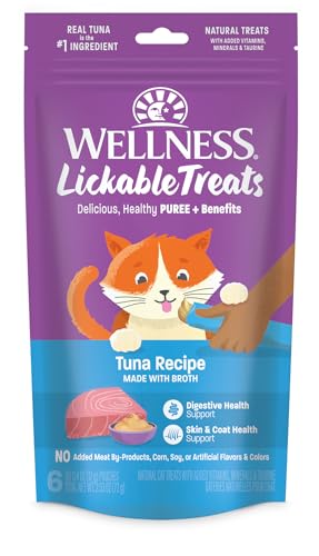 Wellness Lickable Treats Grain-Free Tuna with Broth Puree Squeezable Cat Treats - .4 Oz - 6 Pack - Case of 24