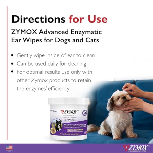 Zymox Advanced Enzymatic Natural Hypoallergenic Cleansing Cat and Dog Ear Wipes - 100 Count