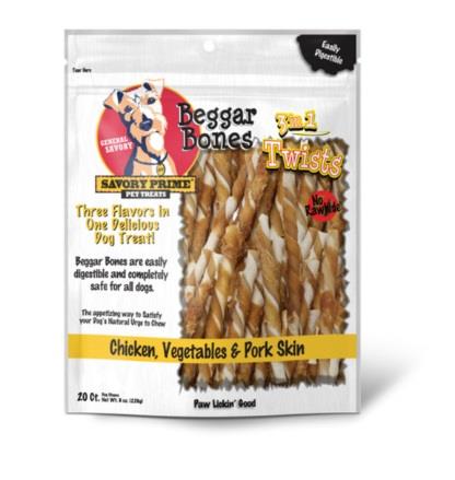 Savory Prime Beggar Bones Rawhide-Free Twists 3-in-1 Chicken Vegetable and Pork Skin Natural Dog Chews 20 Pack
