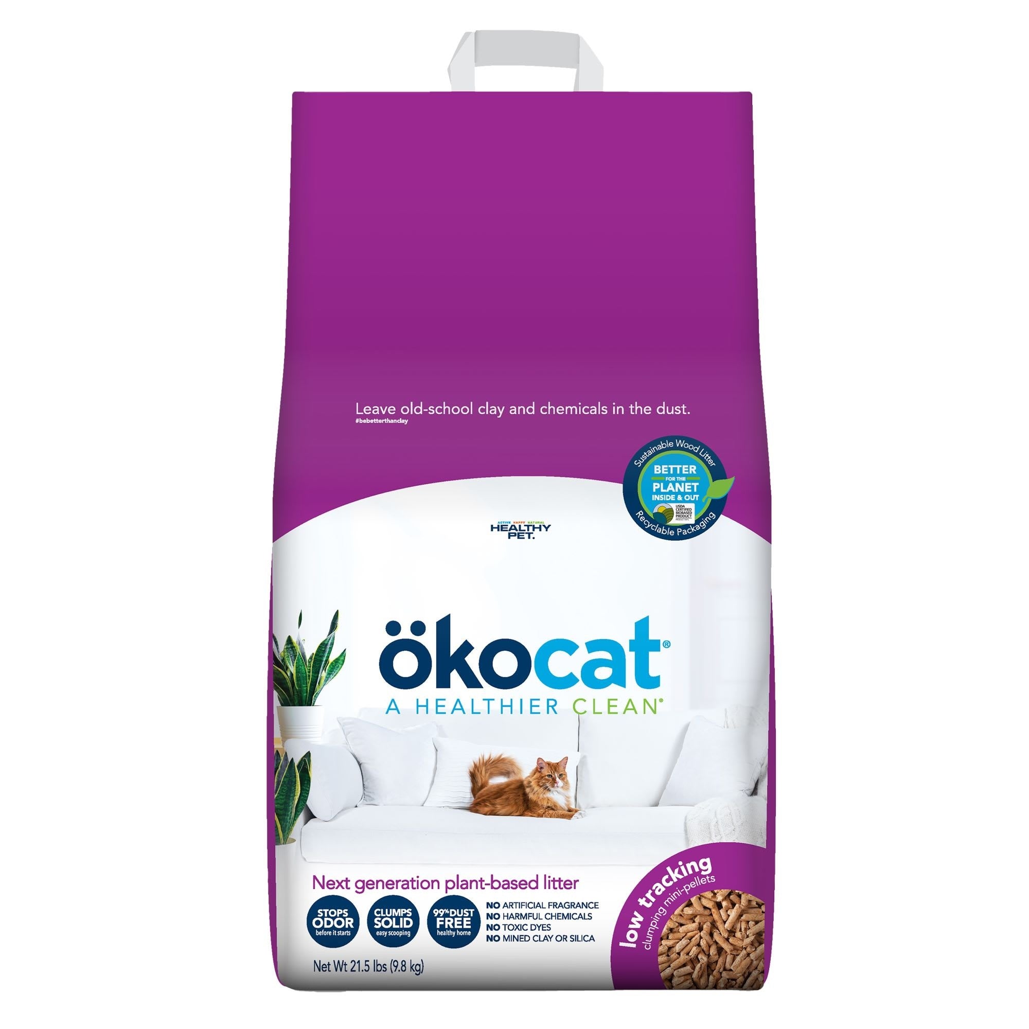 Okocat Low-Tracking Less Mess Unscented Clumping Mini-Pellet Wood Cat Litter 21.5 Pounds