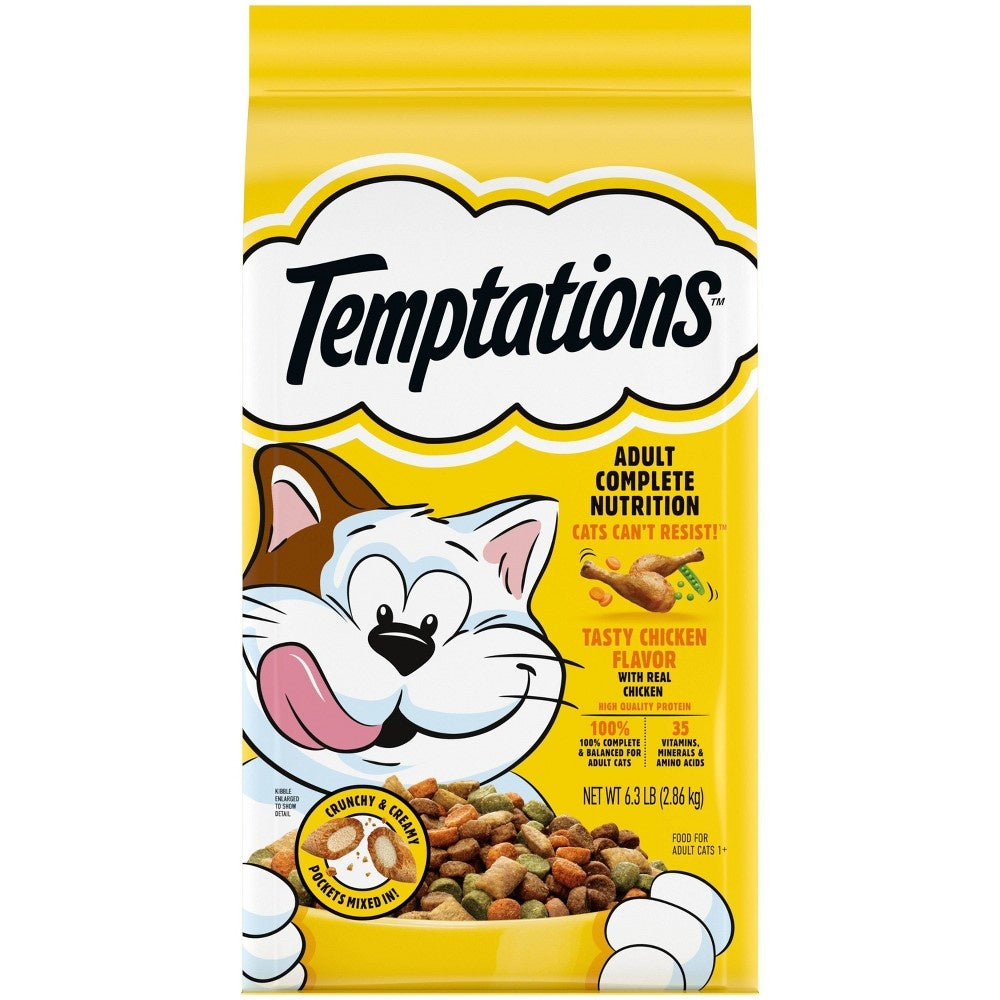Whiskas Temptations Tasty Chicken Flavor Crunch and Creamy Adult Dry Cat Food - 6.3 Lbs - Case of 3