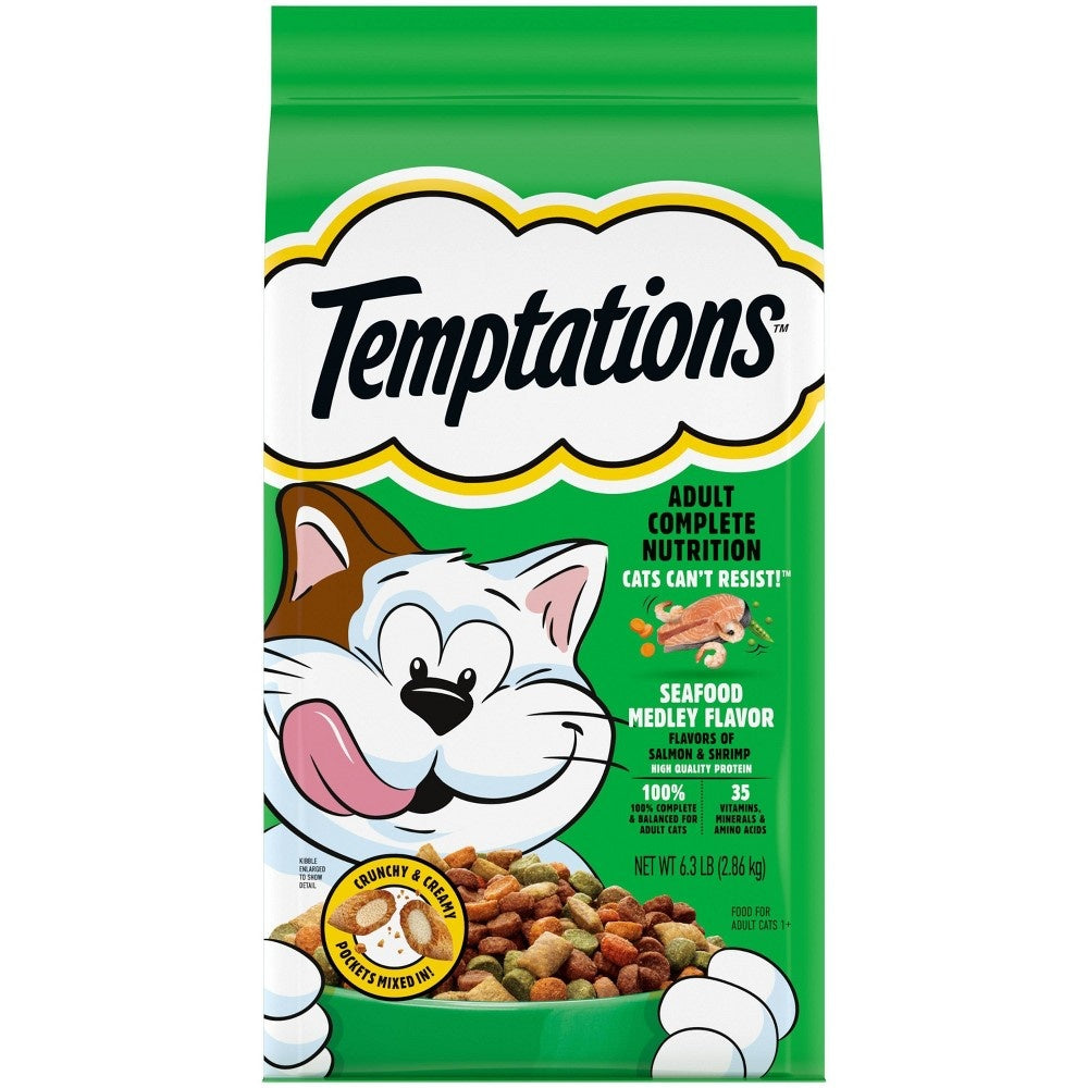 Whiskas Temptations Seafood Medley with Shrimp and Salmon Crunch and Creamy Adult Dry Cat Food - 6.3 Lbs - Case of 3
