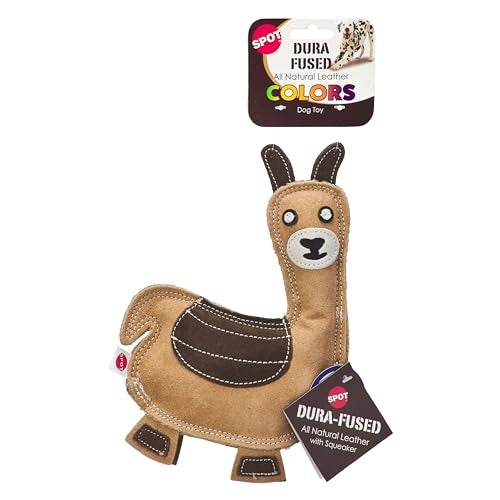 Ethical SPOT Dura-Fused Colors Natural Leather and Jute Llama Squeak Chew Dog Toy - 9 Inch