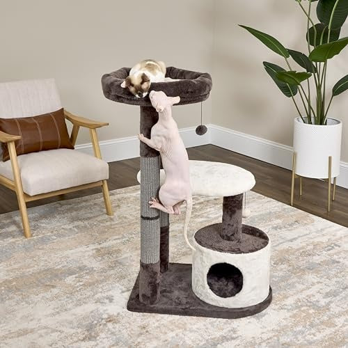Midwest Homes Feline Alden 3-Level Cat Tree Furniture - Mocha/Cream - Medium - L:20.9 X W:30.9 X H:40.6 Inch