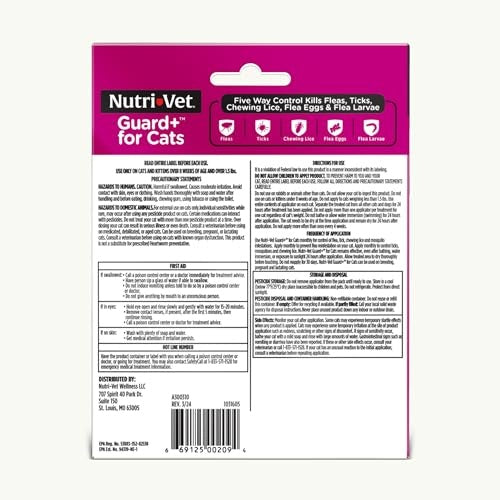 Nutri-Vet Guard+ Waterproof Topical Cat Flea and Tick Prevention Treatment - Cats 1.5+ Lbs - 3 Monthly Dose - 90 Days
