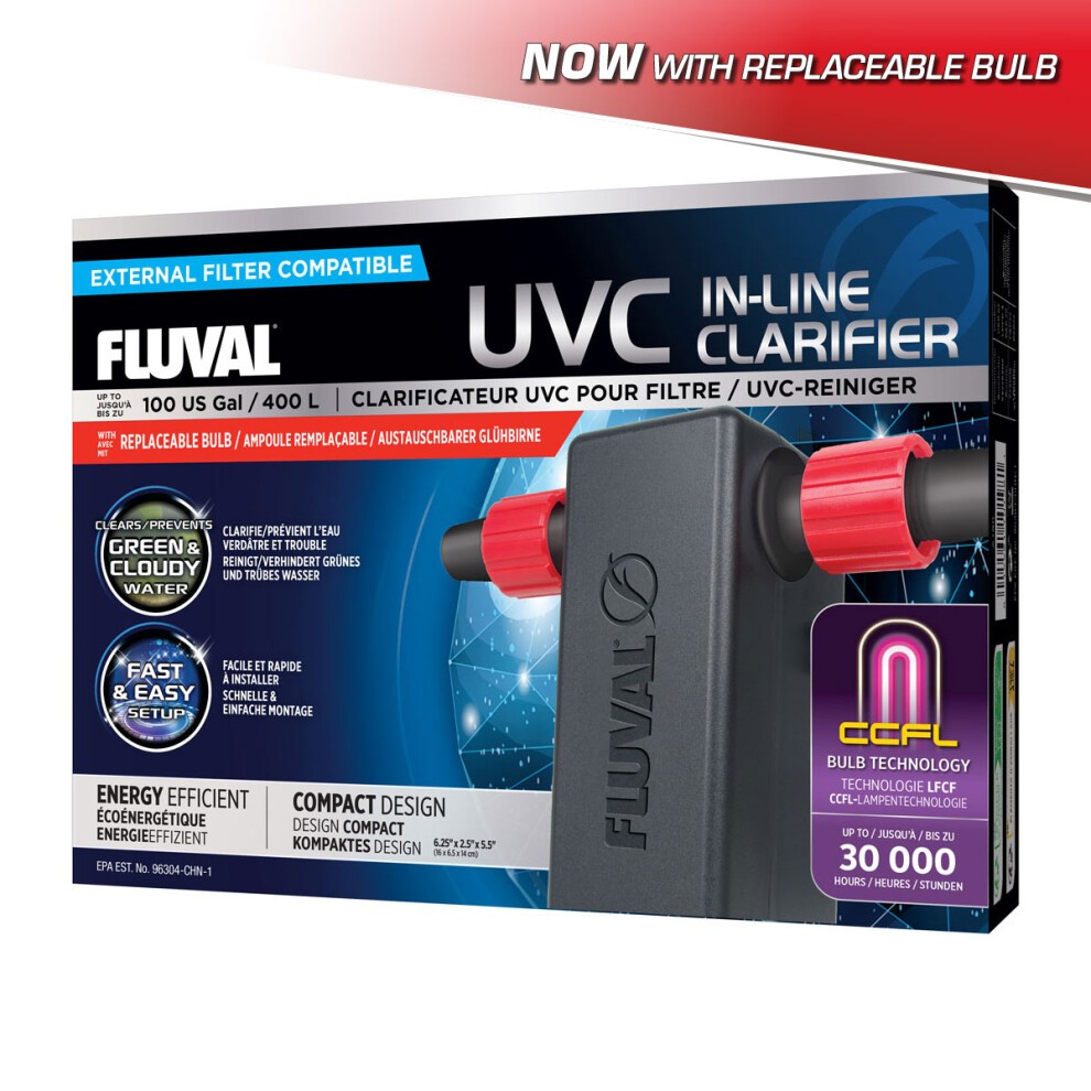 Fluval In-Line Aquarium UVC Greenwater Water Clarifier - 3 Watt - Up to 100 Gallons