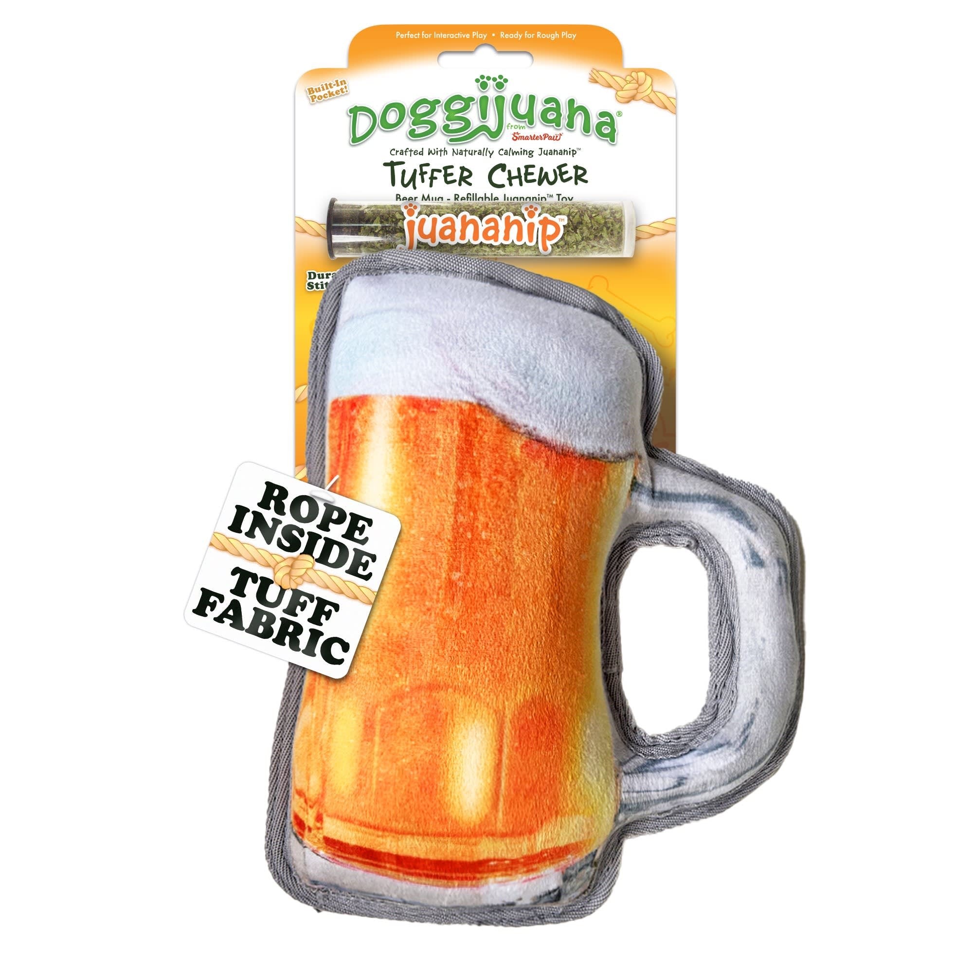 Meowijuana Doggijuana Beer Mug Tuffer Chewer Inner-Rope Refillable Juananip Plush Dog Toy