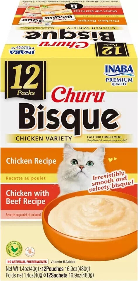 Inaba Churu Bisque Chicken Creamy Wet Cat Food or Topper Pouch - Variety Pack - 1.4 Oz - 12 Pack Default Title