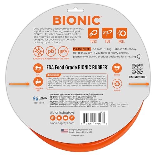 BIONIC Toss-N-Tug Turbo Frisbee Tough Chewer Interactive Fetch Rubber Dog Toy