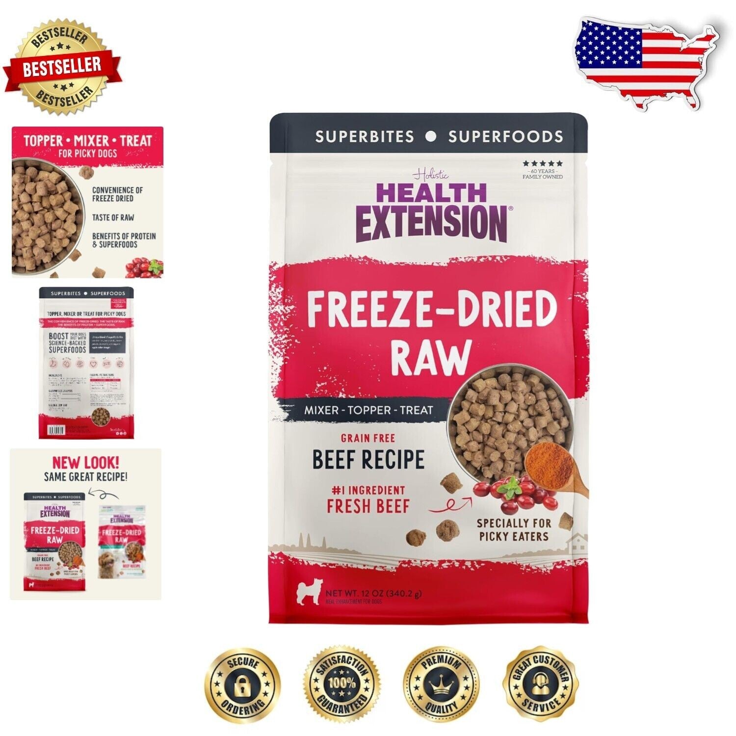Health Extension Beef Freeze-Dried Raw Meal Mixer Topper or Dog Treats 12 Ounce