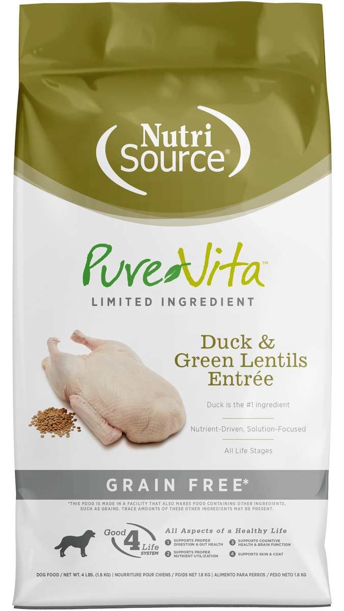 Nutrisource PureVita Grain-Free Limited Ingredient Duck and Green Lentils Dry Dog Food - 4 Lbs - Case of 8