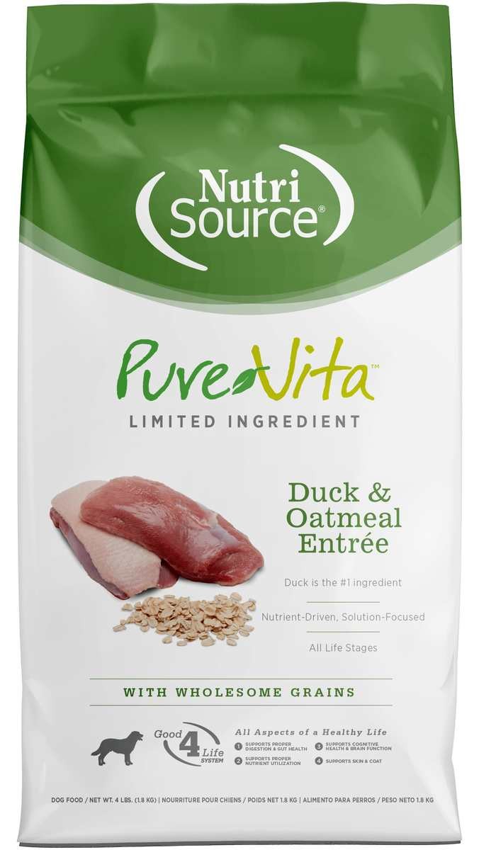 Nutrisource PureVita Limited Ingredient Duck and Oatmeal with Wholesome Grains Dry Dog Food - 4 Lbs - Case of 8