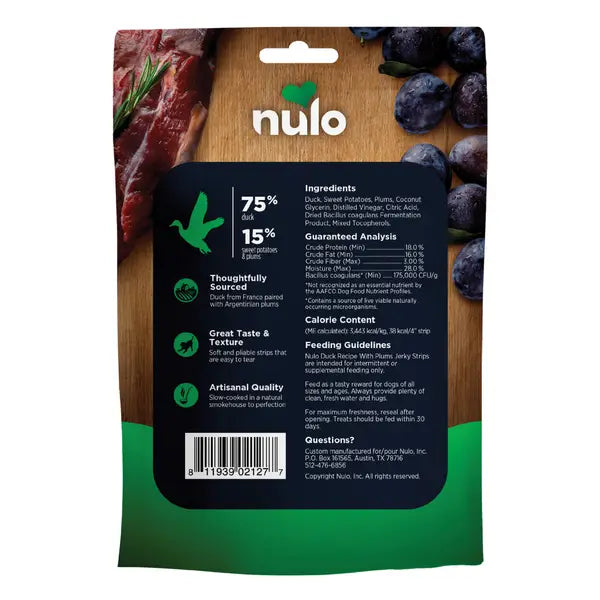 Nulo Grain-Free High-Protein Digestive and Immune Health Duck with Plums Premium Strips Jerky Dog Treats - 5 Oz