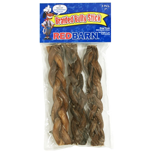 Red Barn Premium Rawhide-Free Slow-Roasted Beef Braided Bully Sticks Natural Dog Chews 7 Inch - 3 Pack