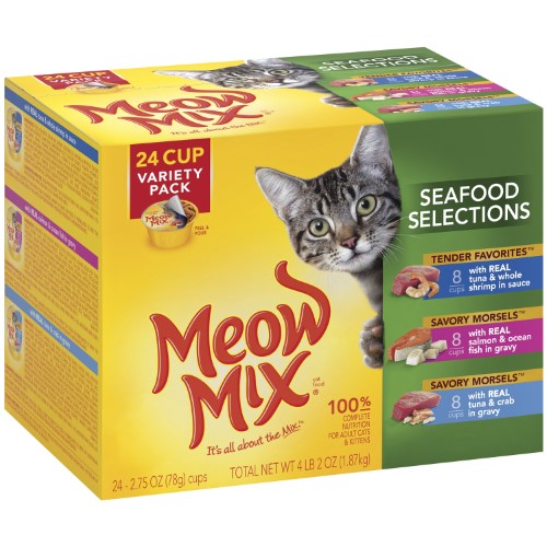 Meow-Mix Seafood Selects Tuna Salmon Shrimp Oceanfish Crab Wet Cat Food Trays - Variety Pack - 2.75 Oz - 24 Pack - Case of 2 Default Title