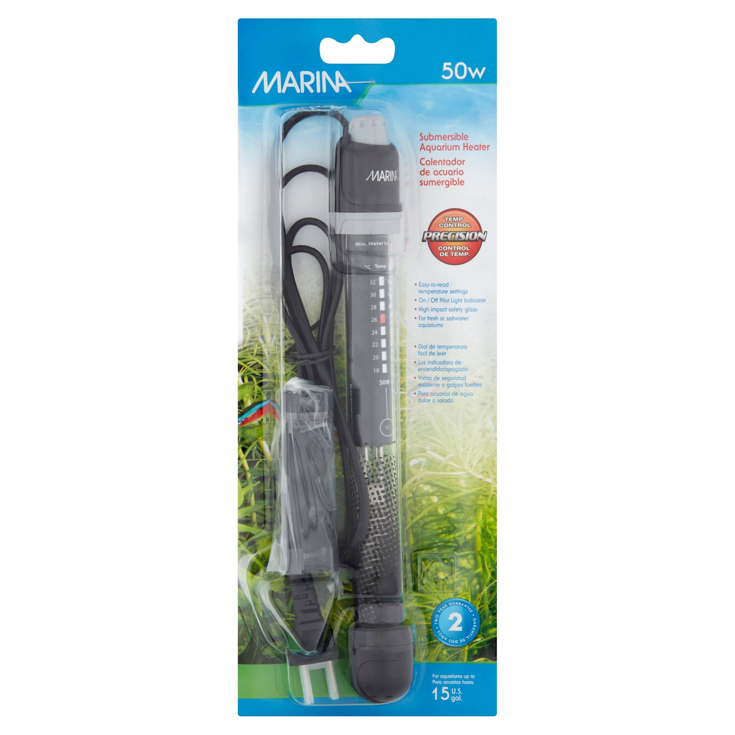 Hagen Marina Submersible Glass Aquarium Heater - 8.5 Inch 50 Watt - Up To 10 Gallon