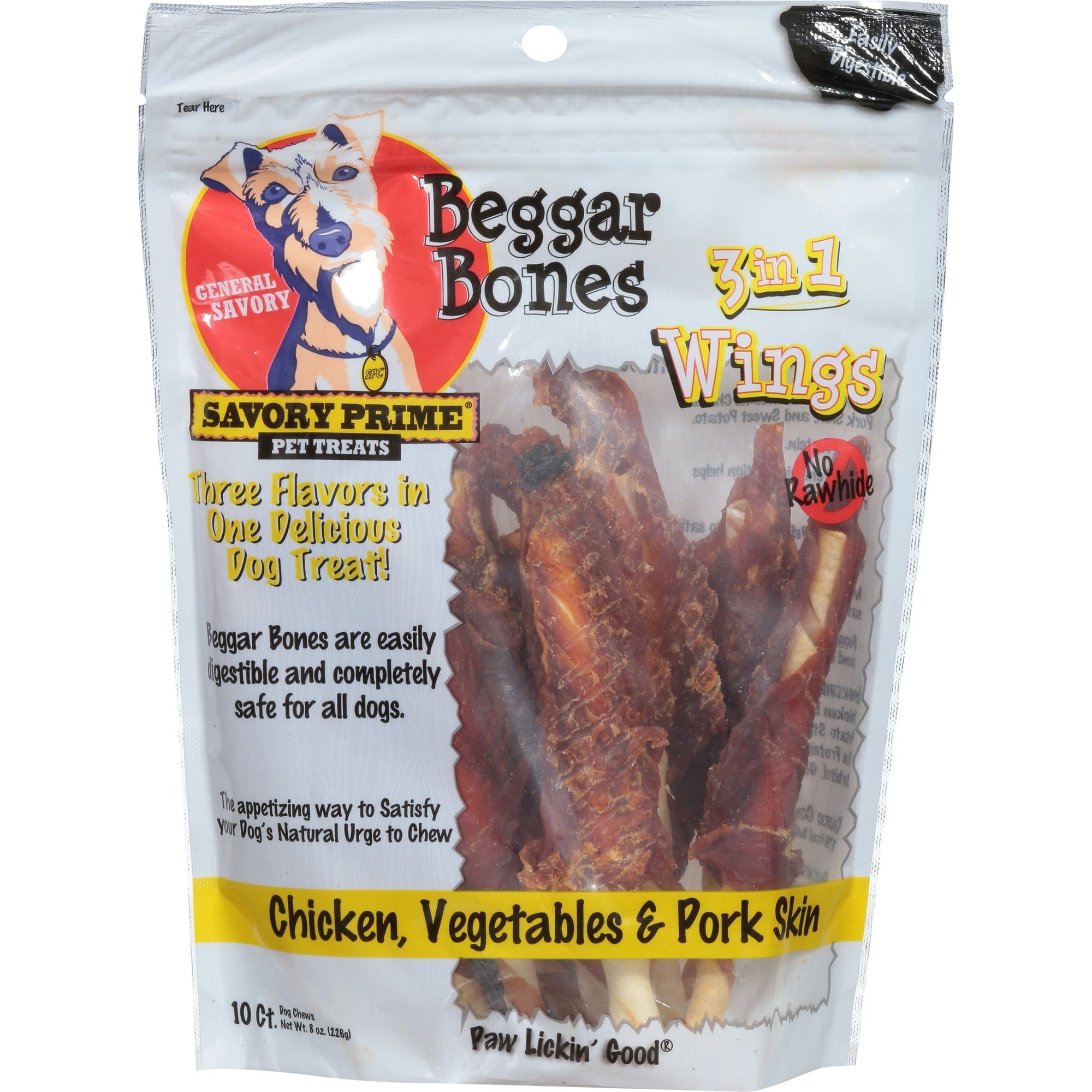 Savory Prime Beggar Bones Rawhide-Free Wings 3-in-1 Chicken Vegetable and Pork Skin Natural Dog Chews 10 Pack