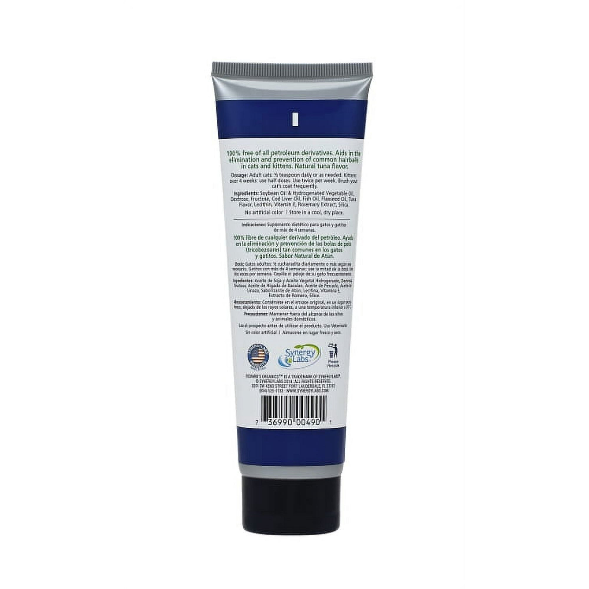 Synergy Labs Richard's Organics Hairball Lubricating Remedy Tuna Flavored Nutrient Paste First-Aid Cat Remedy - 4.25 Oz