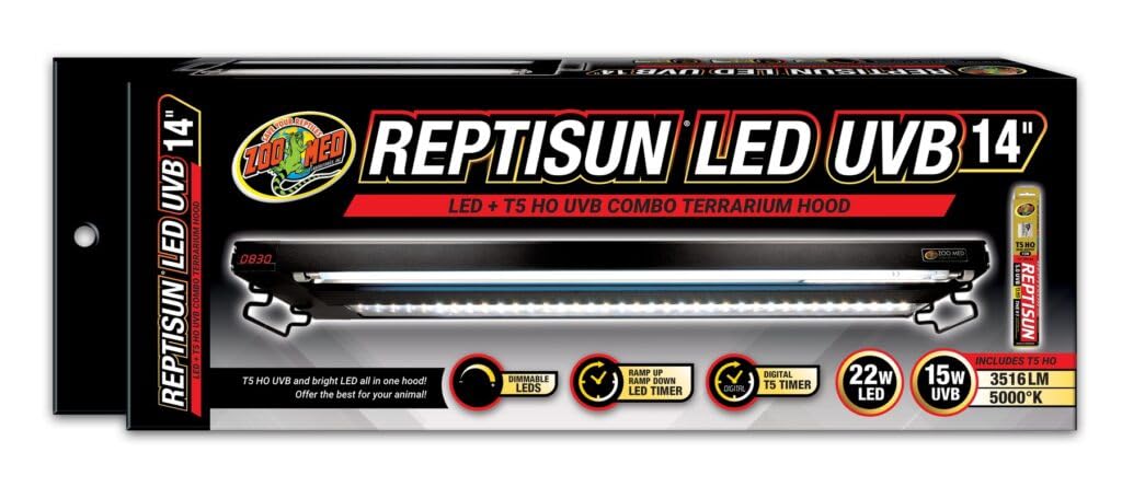 Zoo Med Laboratories ReptiSun T5 and UVB LED Combo Digital Timer Terrarium Light and Hood Fixture 14 Inch