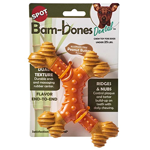 Ethical SPOT Bam-Bones X-Bone Peanut Butter Flavored Bamboo and Rubber Dental Chew Dog Toy - Small - 6 Inch