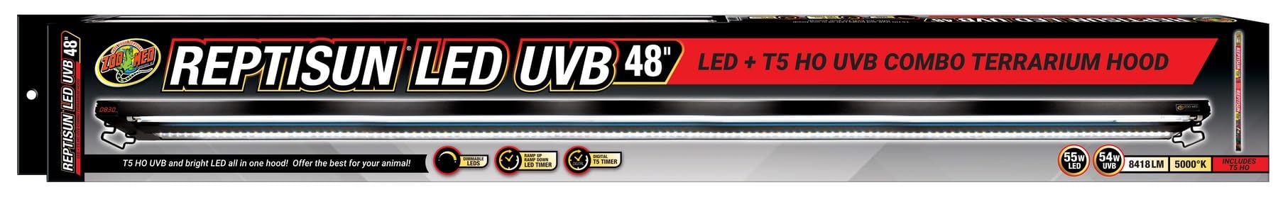 Zoo Med Laboratories ReptiSun T5 and UVB LED Combo Digital Timer Terrarium Light and Hood Fixture 48 Inch