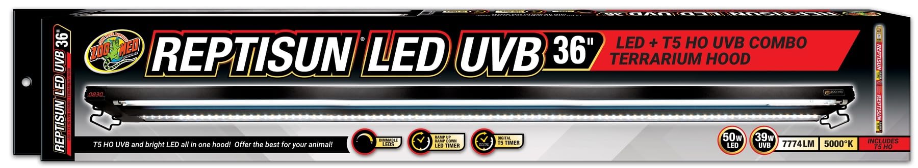 Zoo Med Laboratories ReptiSun T5 and UVB LED Combo Digital Timer Terrarium Light and Hood Fixture 36 Inch