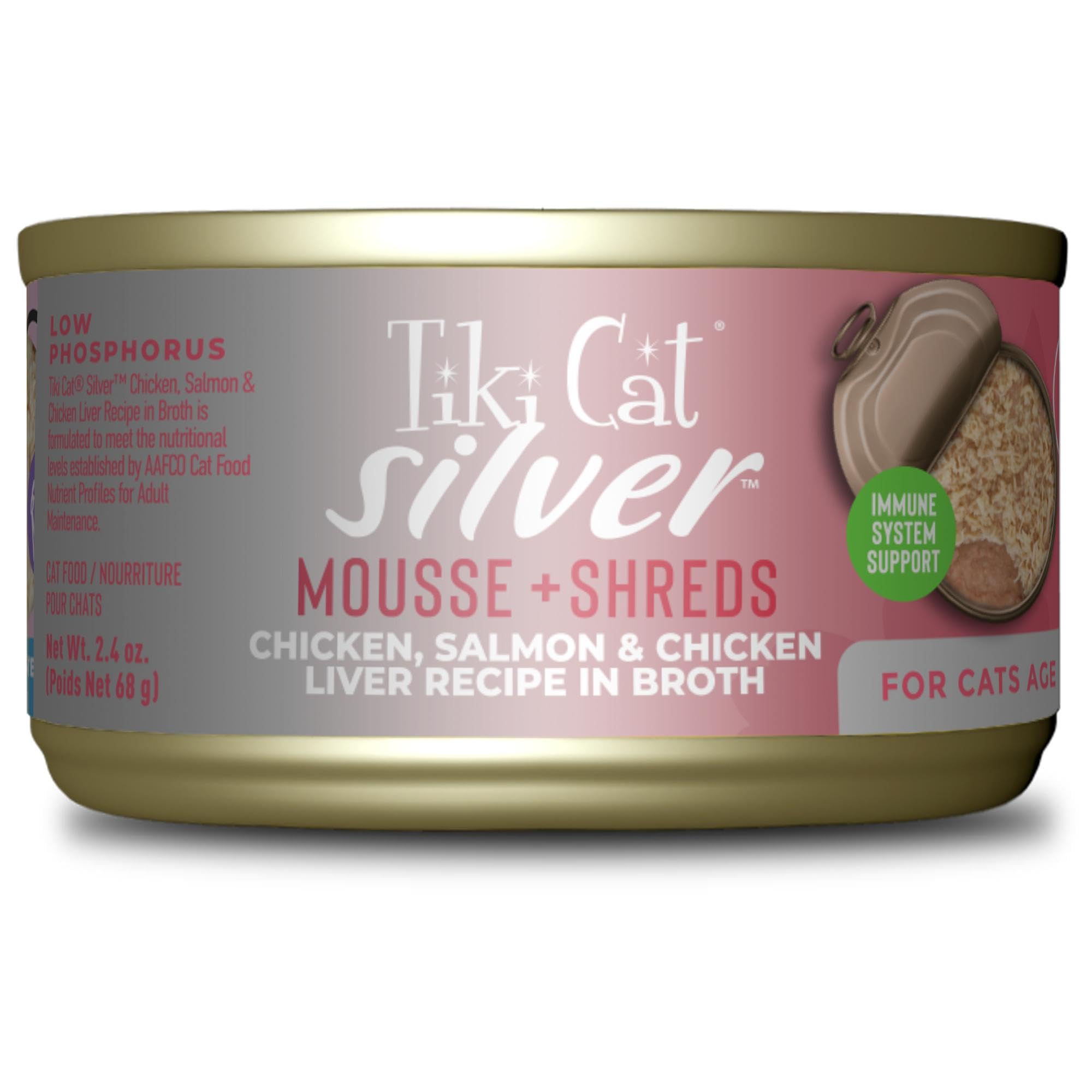 Tiki Cat Silver Mousse and Shreds Chicken Salmon and Chicken Liver in Broth Adult Senior Canned Cat Food - 2.4 Oz - Case of 12 Default Title