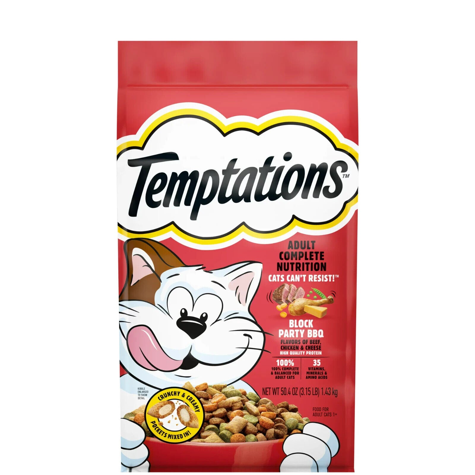 Whiskas Temptations Block Party BBQ with Beef Chicken and Cheese Crunch and Creamy Adult Dry Cat Food 3.15 Lbs - Case of 4