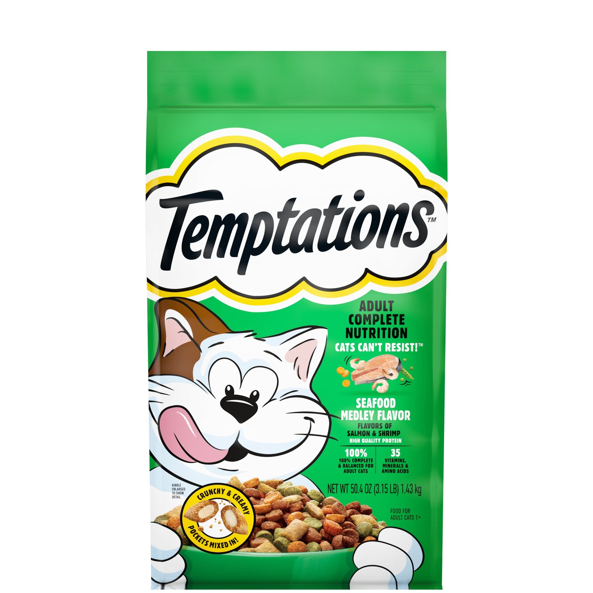Whiskas Temptations Seafood Medley with Shrimp and Salmon Crunch and Creamy Adult Dry Cat Food 3.15 Lbs - Case of 4
