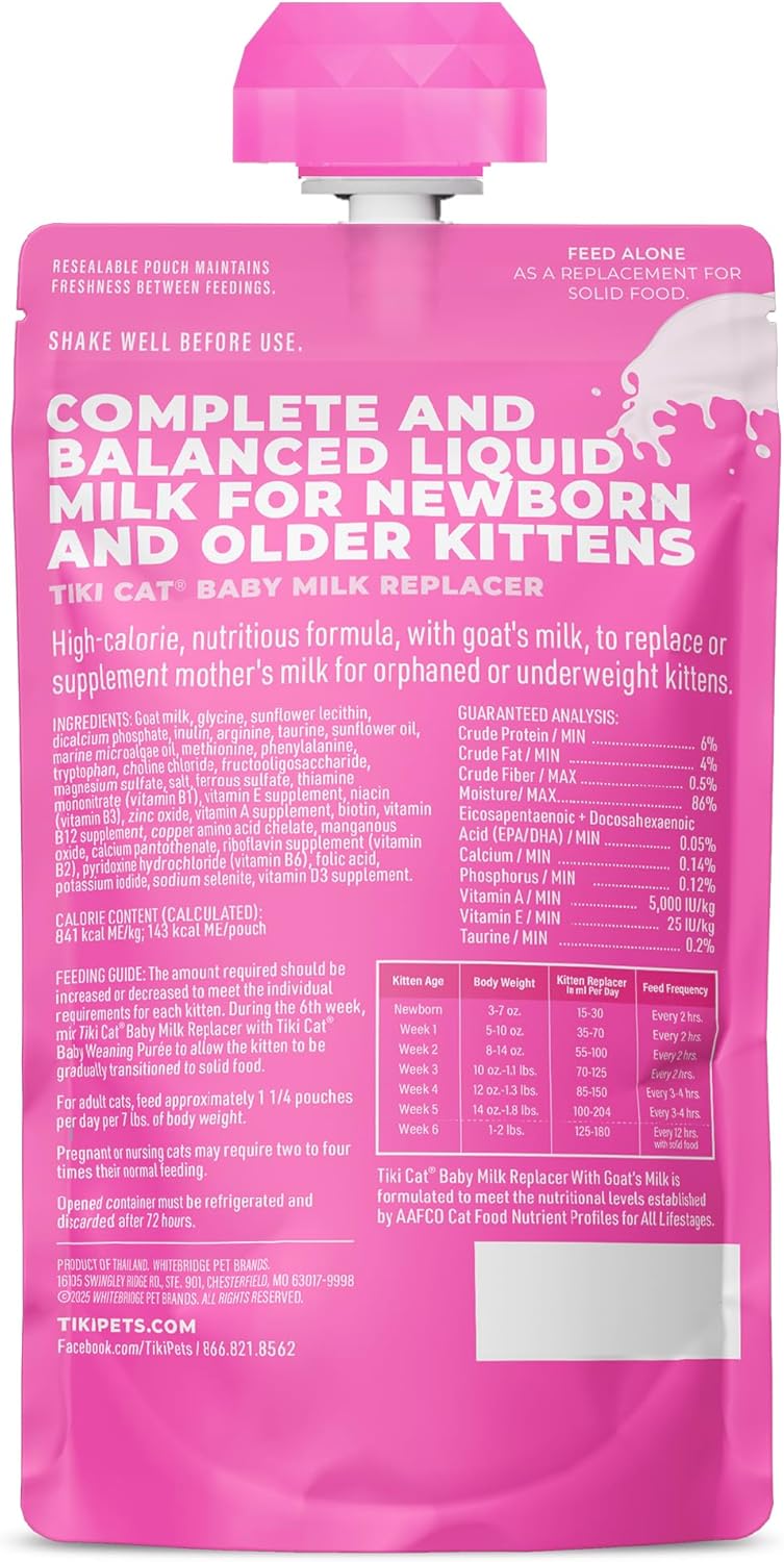 Tiki Cat Baby Milk Replacer with Goats Milk Liquid Kitten Cat Food Supplement Pouch - 6 Oz - Case of 6