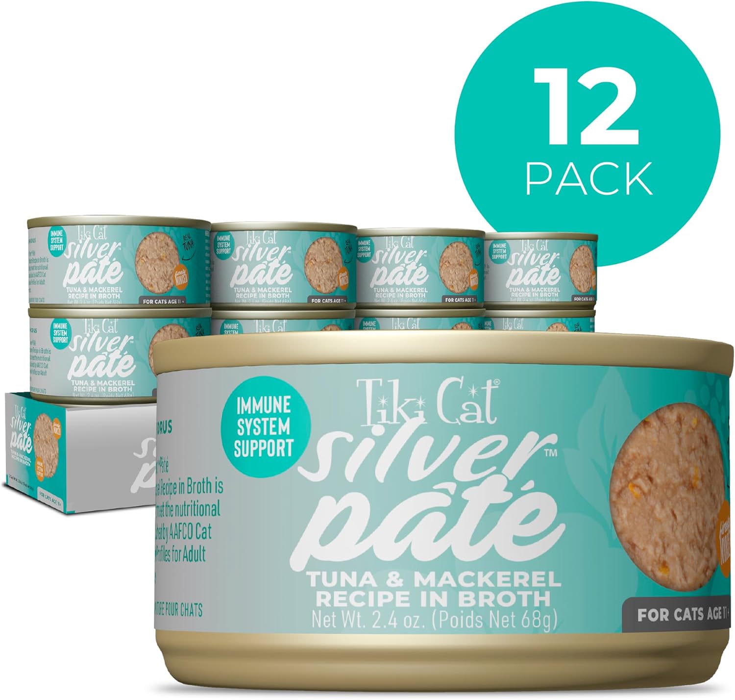 Tiki Cat Silver Pate Grain-Free Tuna and Mackerel in Broth Senior Adult Canned Cat Food - 2.4 Oz - Case of 12