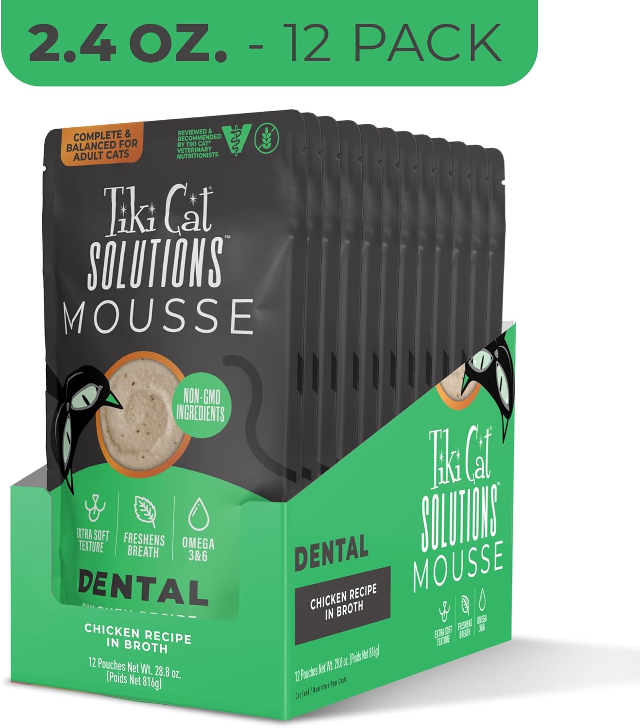 Tiki Cat Solutions Mousse Dental Chicken in Broth with Peppermint Adult Wet Cat Food Pouch - 2.4 Oz - Case of 12