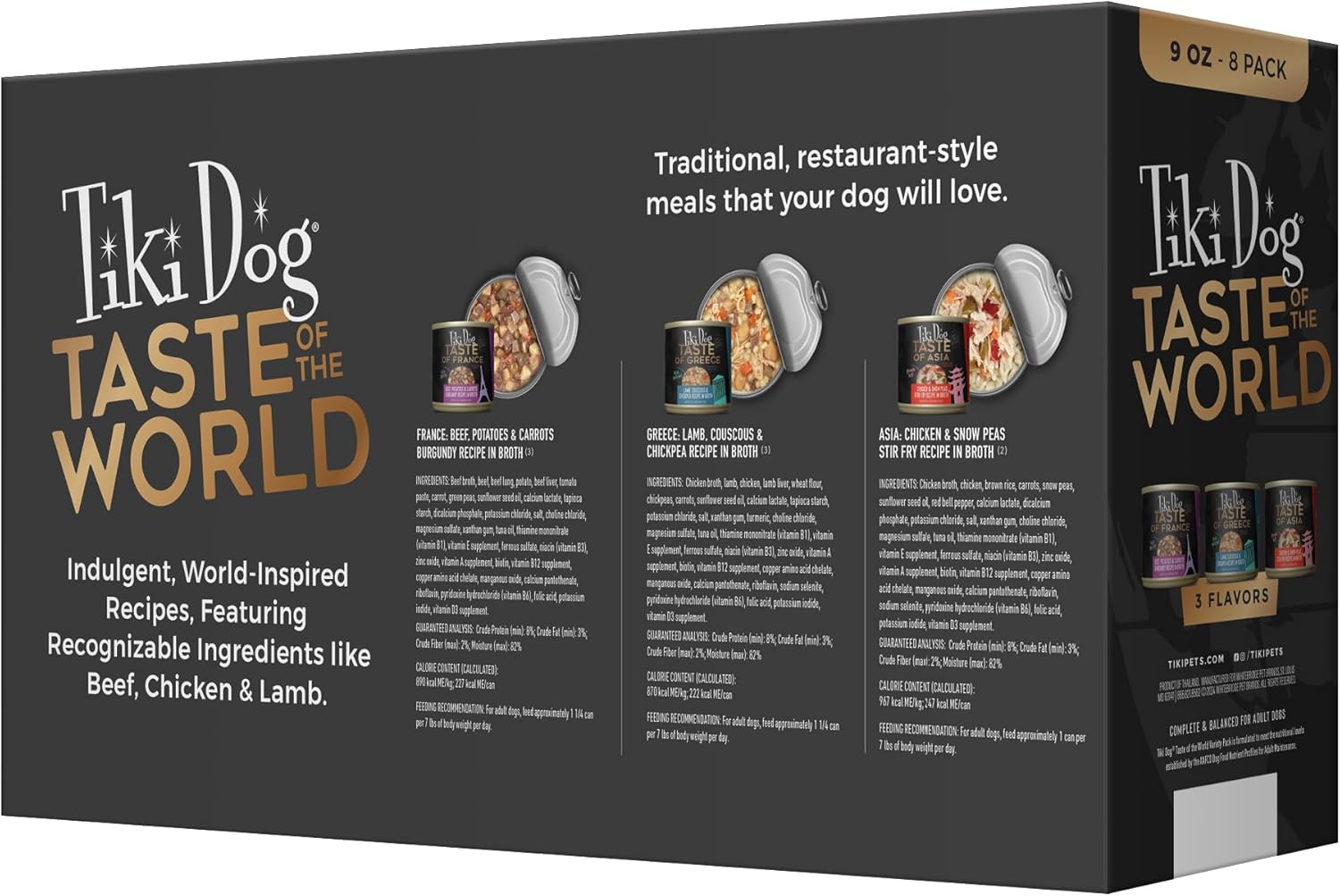 Tiki Dog Taste of The World France Greece and Asia in Broth Canned Dog Food - Variety Pack - 9 Oz - Case of 8