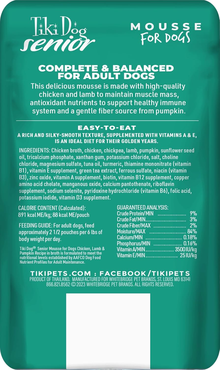 Tiki Dog Senior Mousse Immune Support Chicken Lamb and Pumpkin in Broth Adult Wet Dog Food Pouch - 3.5 Oz - 2 Pack