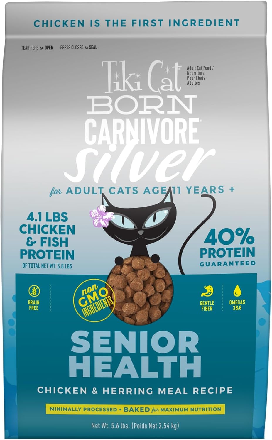 Tiki Cat Born Carnivore Silver Senior Health High-Protein Chicken and Herring Adult Senior Dry Cat Food 5.6 Pounds