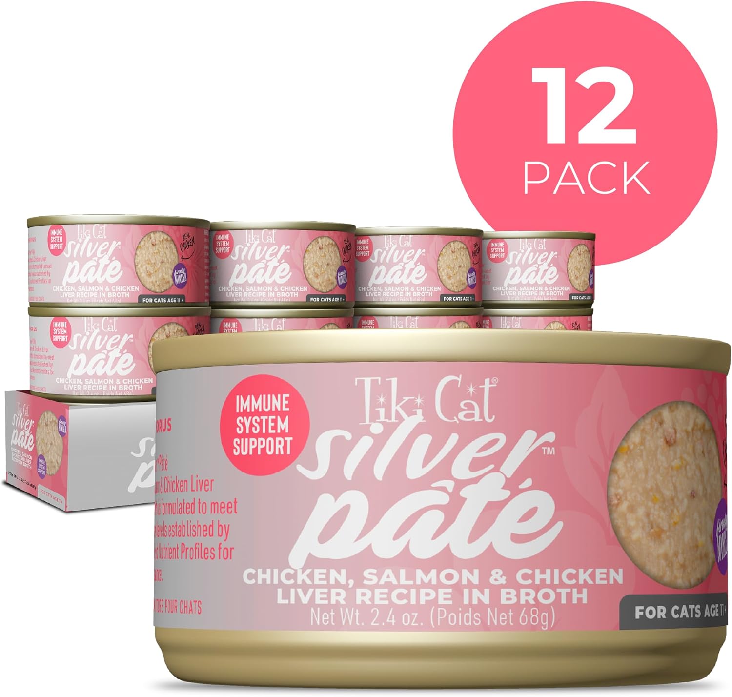 Tiki Cat Silver Pate Grain-Free Chicken Salmon and Chicken Liver in Broth Senior Adult Canned Cat Food - 2.4 Oz - Case of 12