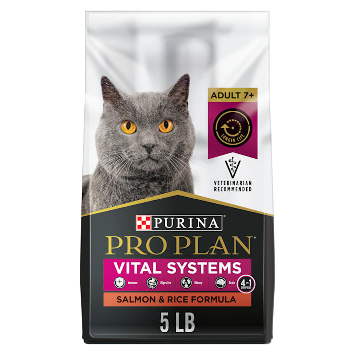 Purina Pro Plan Vital Systems 4-in-1 Support Salmon and Rice 7+ Senior Adult Dry Cat Food 5 Lbs - Case of 5