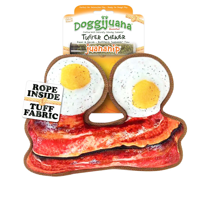 Meowijuana Doggijuana Eggs and Bacon Tuffer Chewer Inner-Rope Refillable Juananip Plush Dog Toy