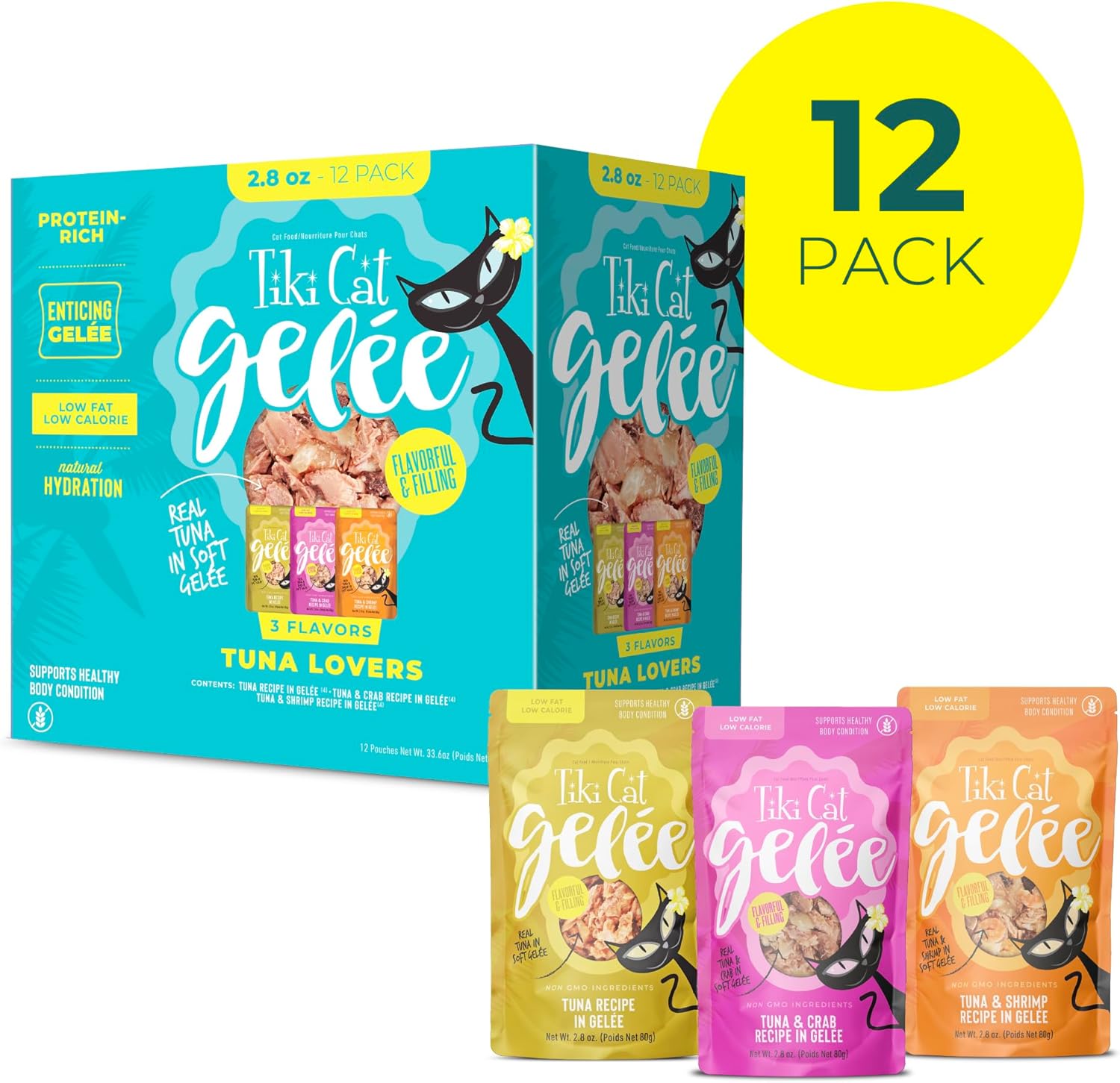Tiki Cat Gelee Low-Fat Tuna Crab and Shrimp in Gelee Wet Cat Food Pouch - Variety Pack - 2.8 Oz - 12 Pack