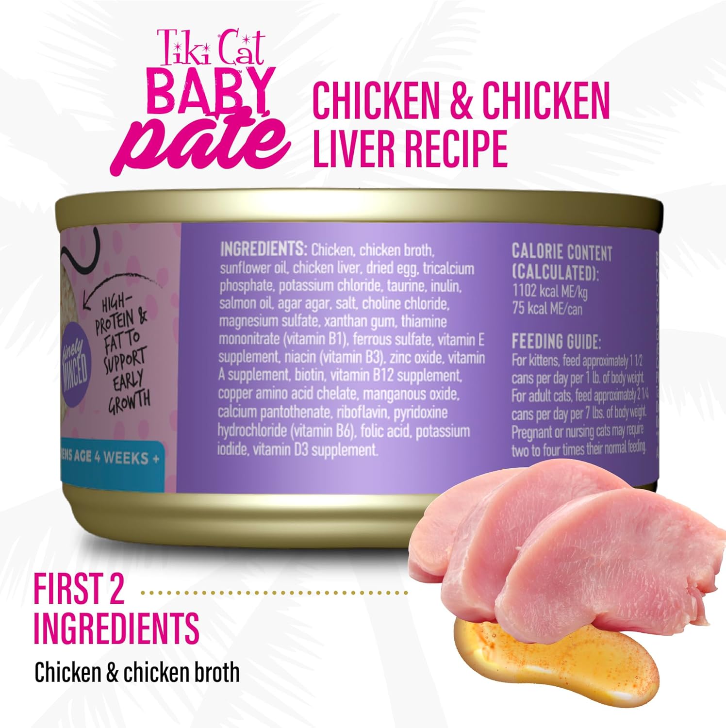 Tiki Cat Baby Pate Grain-Free Minced Chicken and Chicken Liver Kitten Canned Cat Food - 2.4 Oz - Case of 12