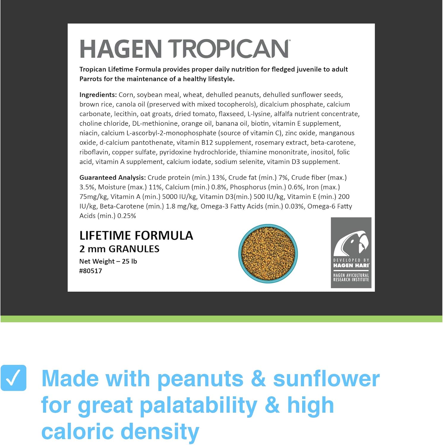 Hagen Hari Tropican Lifetime Formula Peanuts and Sunflower 2MM Granules Maintenance Cockatiel Parrot Bird Food