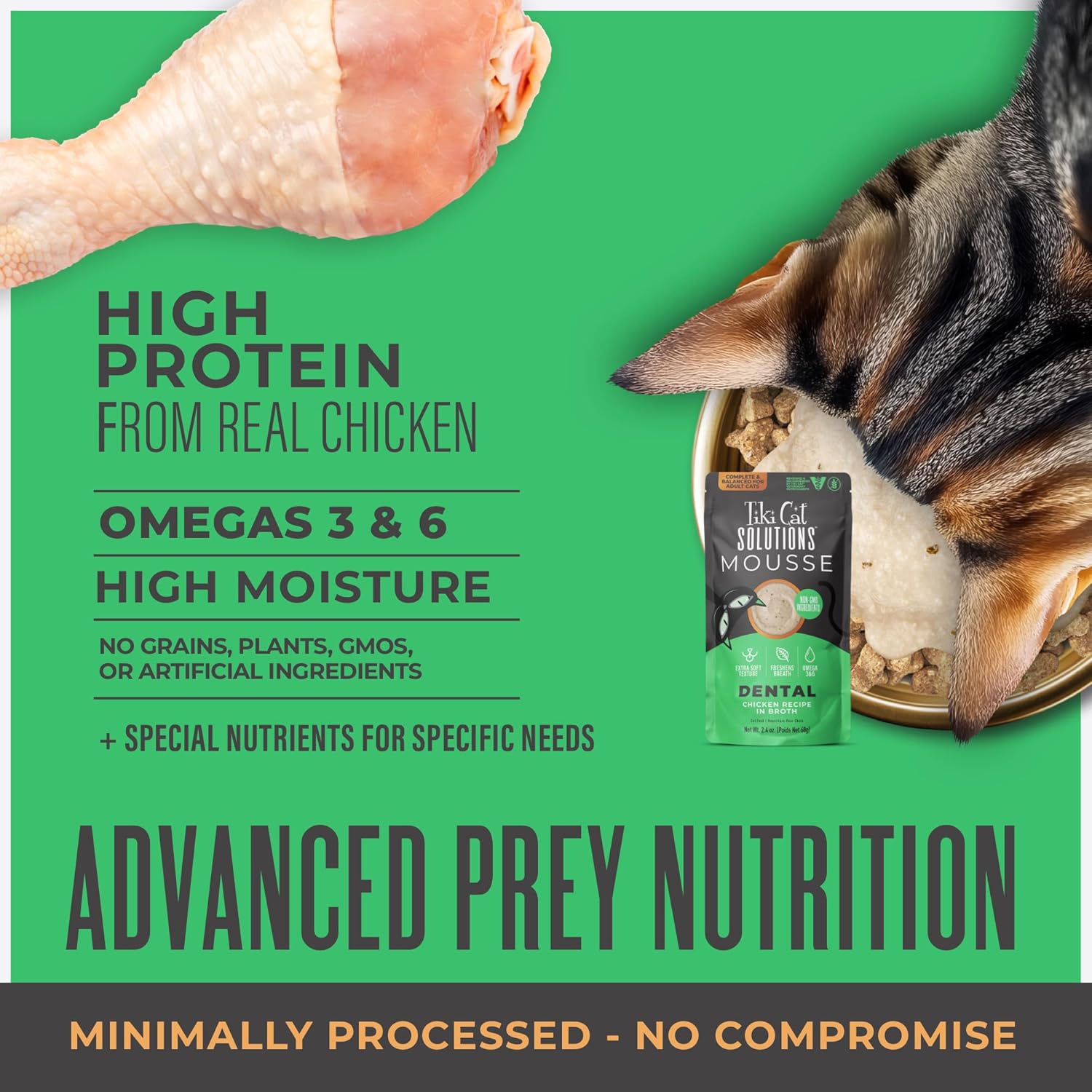 Tiki Cat Solutions Mousse Dental Chicken in Broth with Peppermint Adult Wet Cat Food Pouch - 2.4 Oz - Case of 12