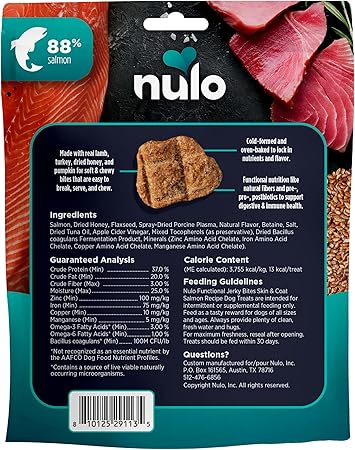 Nulo Functional Jerky Bites Skin and Coat Salmon Recipe Jerky Dog Treats - 5 Oz