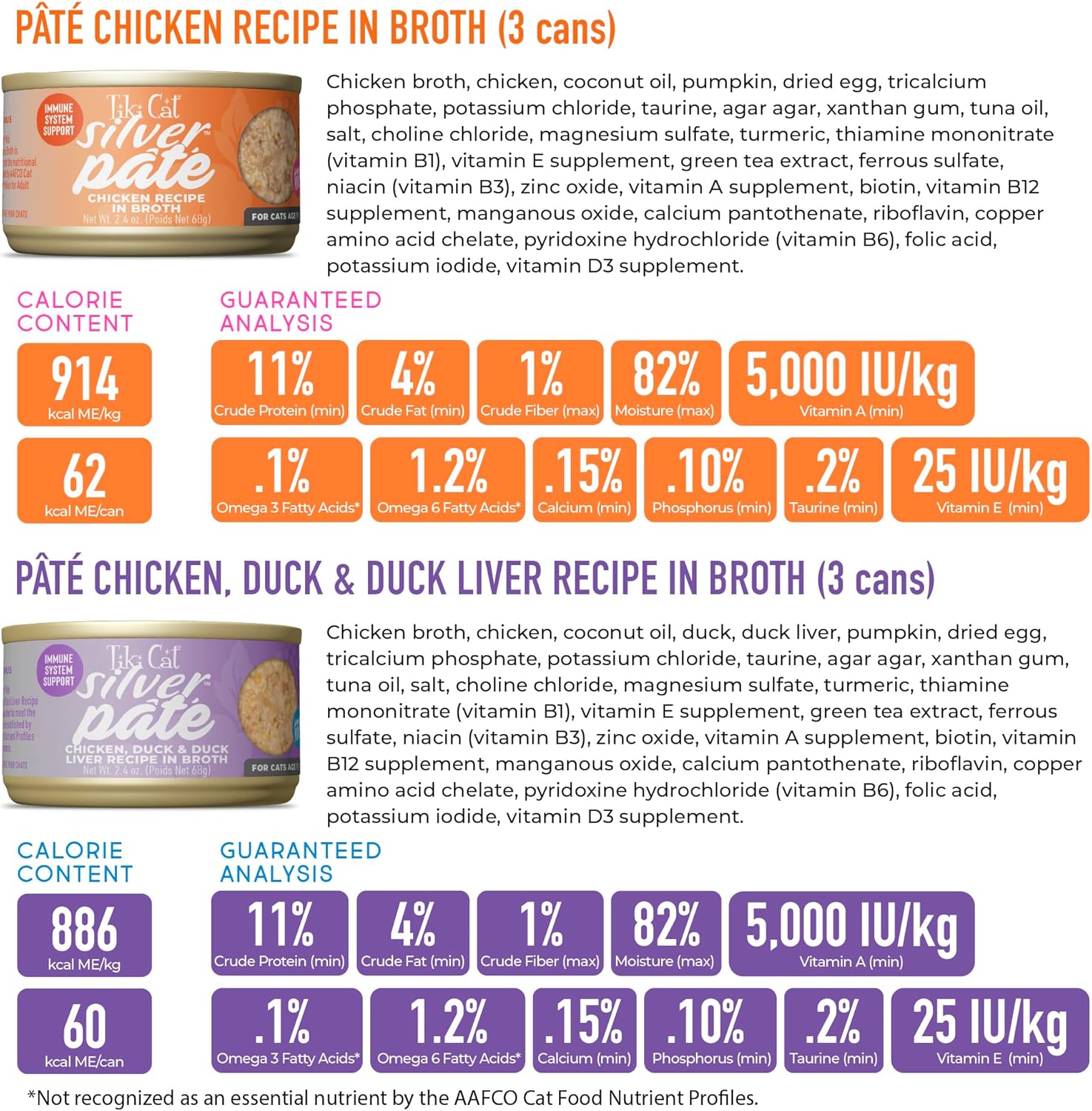 Tiki Cat Silver Pate Grain-Free Chicken Duck Salmon Tuna Mackerel in Broth Senior Adult Canned Cat Food - Variety Pack - 2.4 Oz - Case of 12