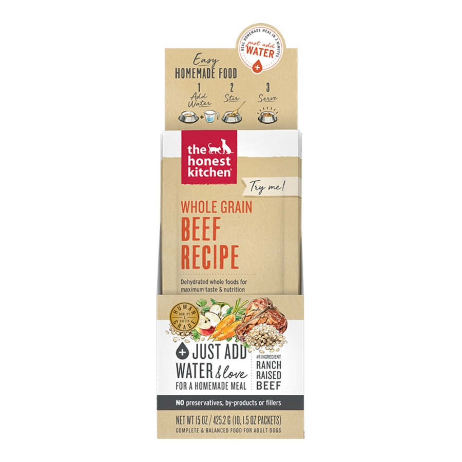 Honest Kitchen Whole Grain Beef Recipe Dehydrated Dog Food - 1.5 Oz Pouch - 10 Count