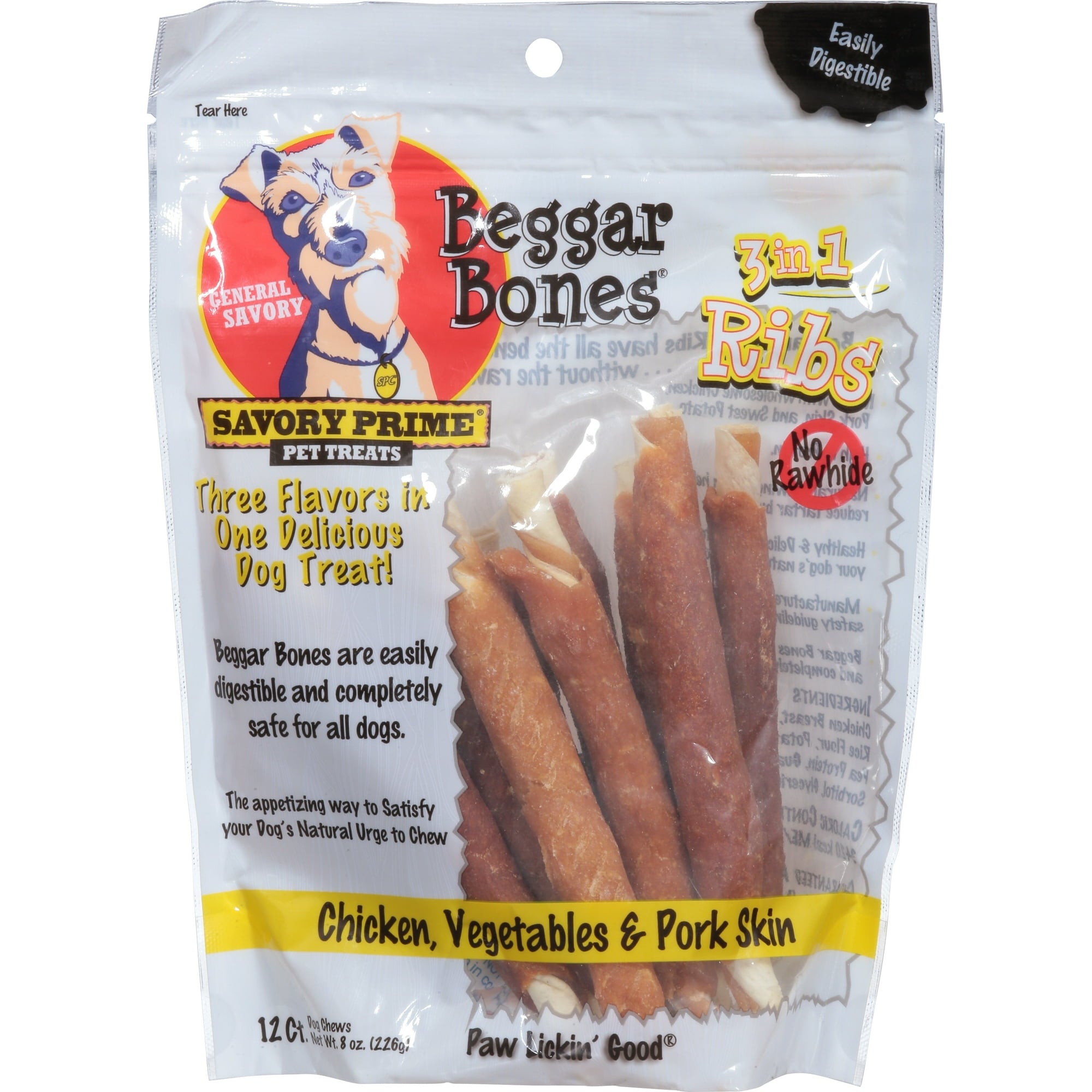 Savory Prime Beggar Bones Rawhide-Free Ribs 3-in-1 Chicken Vegetable and Pork Skin Natural Dog Chews 12 Pack