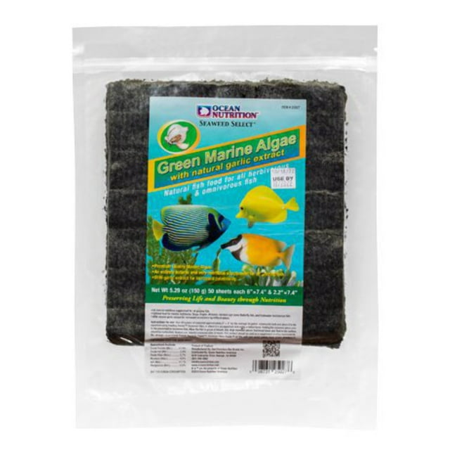 Ocean Nutrition Seaweed Select Green Algea Sheets with Garlic Extract Herbivore Marine Fish Food 50 Count