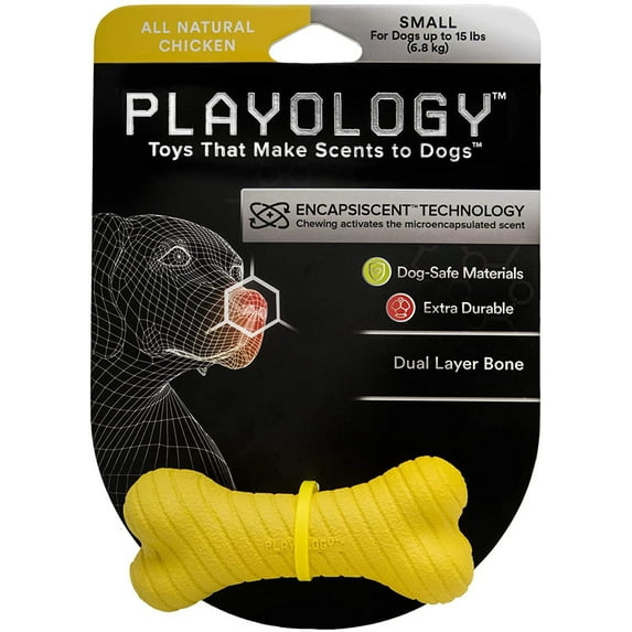 Playology Durable Dual-Layered Bone Chicken Scented Fetch and Chew Rubber Dog Toy - Yellow Small