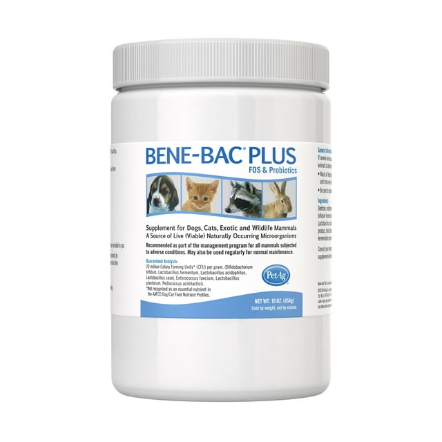 PetAg Bene-Bac Plus Powder FOS and Probiotic Supplement for Dogs Cats and Wildlife Animals - 1 Lb