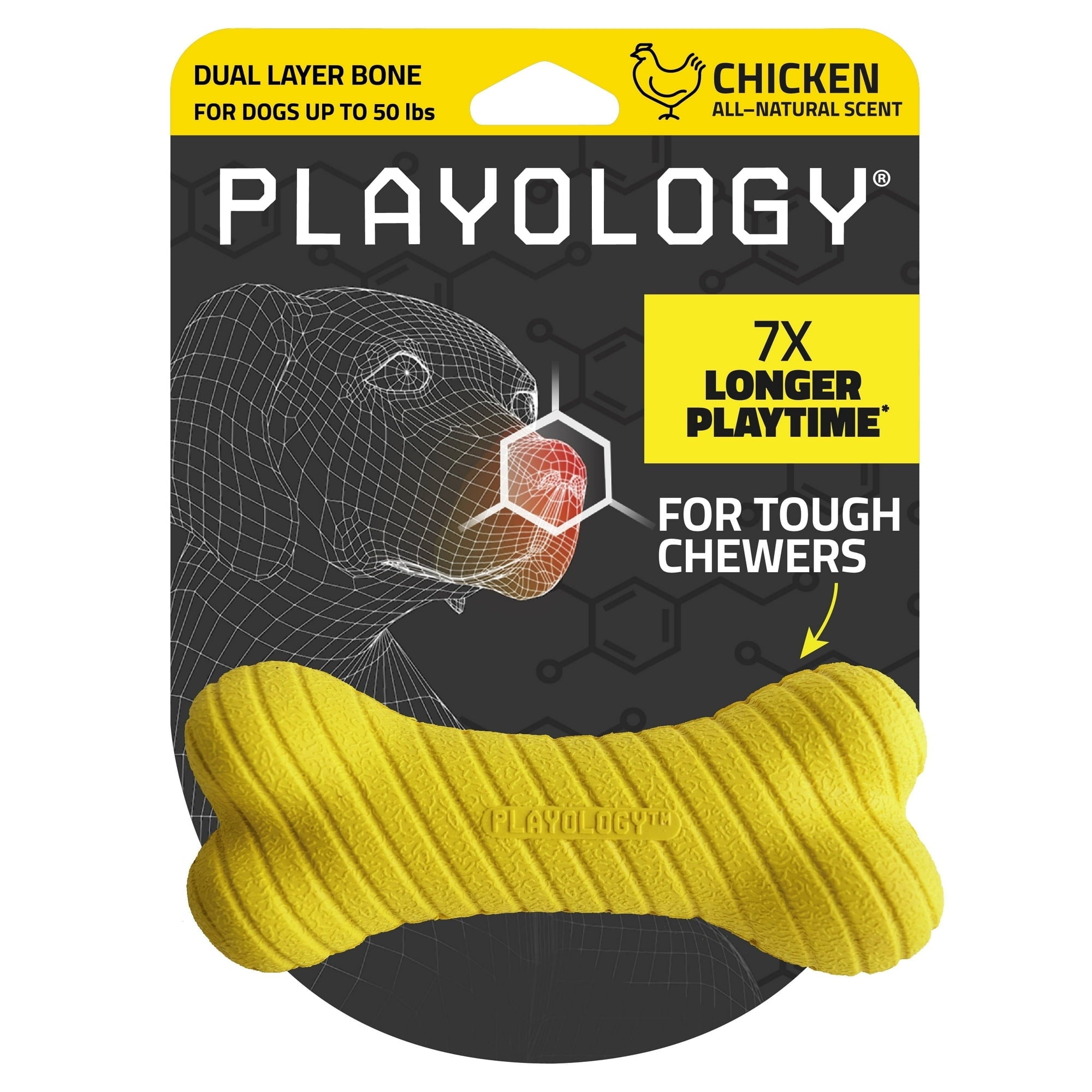Playology Durable Dual-Layered Bone Chicken Scented Fetch and Chew Rubber Dog Toy - Yellow Medium